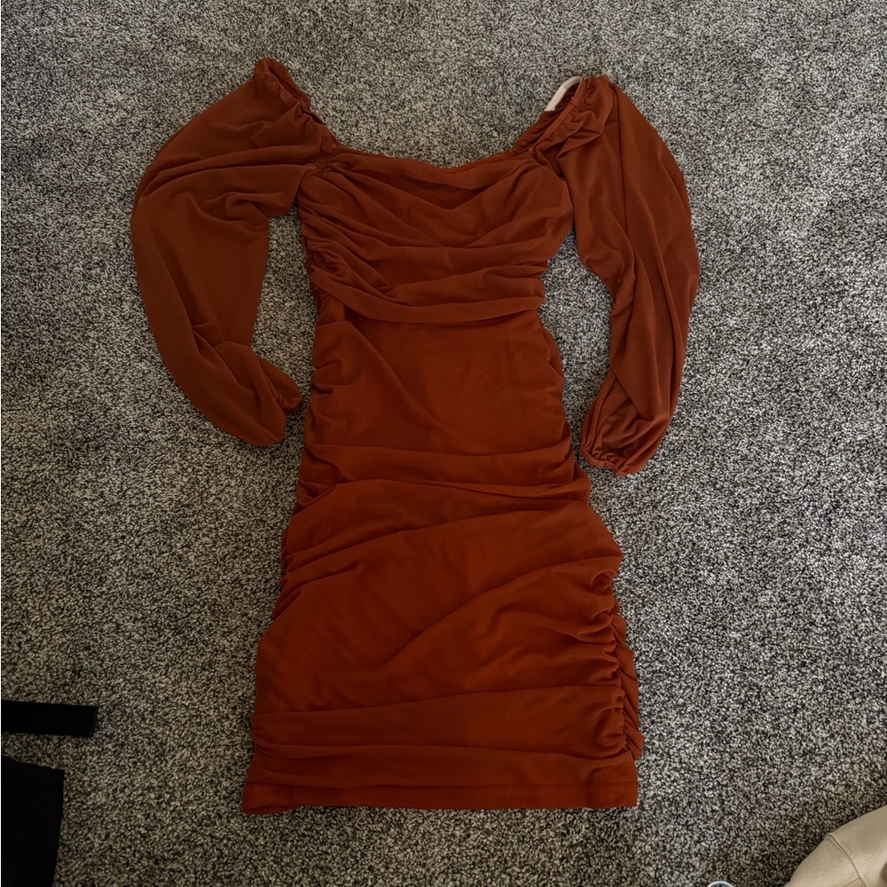 Burnt Orange Ruched Long Sleeve Body-con Mini Dress